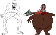 angry arm black_skin blood chainsaw earring glasses gore hand holding_chainsaw holding_object leg nsfw open_mouth soyjak stubble variant:angry_soyjak // 2474x1560 // 655.5KB