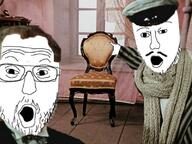 12_chairs 2soyjaks arm clothes glasses hair hand hat movie mustache open_mouth pointing soyjak stubble variant:two_pointing_soyjaks // 800x600 // 141.7KB