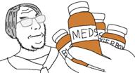 bottle doctor glasses hand meds open_mouth pill pill_bottles pills smile soyjak stubble subvariant:dr_soystein template variant:pillsjak // 581x314 // 15.7KB