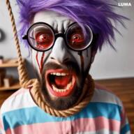 ai_generated beard chud_(boorufag) chud_(soybooru) crying dyed_hair flag:transgender_pride_flag glasses hanging luma makeup meta:op_took_a_selfie_of_xerself rope russia shirts tranny troon variant:unknown // 480x480 // 15.7MB