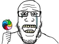 broken_teeth candy cavity crying food glasses hand holding_lollipop holding_object lollipop soyjak stubble toothache variant:markiplier_soyjak yellow_teeth // 864x649 // 31.1KB