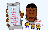 DASFA_(namefag) award black_eyes brown_skin dark_hair fnf_pedo hello_my_name_is_(sticker) meta:op_took_a_selfie_of_xerself phone soybooru subvariant:chudplier sweat_stain sweating // 1520x966 // 322.9KB