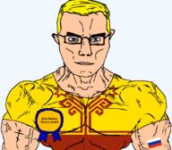 arm award blue_eyes buff christianity chuvashia closed_mouth clothes dance eastern_orthodox flag flag:chuvashia flag:russia glasses hair orthodox_cross plant russia sabantuy soyjak subvariant:chudjak_front subvariant:muscular_chud text transparent transparent_background tree tshirt variant:chudjak vein yellow_hair // 1059x929 // 100.8KB