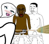 ahegao ass broom crying dark_skin full_body glasses hair holding_object meta:pornographic_content penis sad soyjak stubble variant:chudjak variant:rupturejak // 1497x1350 // 434.4KB