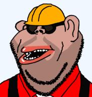 5_o_clock_shadow amerimutt artist:salsamaster brown_skin clothes ear engineer engineer_(tf2) goggles hard_hat hat helmet lips mutt open_mouth red soyjak stubble subvariant:impish_amerimutt team_fortress_2 translucent translucent_background transparent transparent_background valve variant:impish_soyak_ears video_game // 705x740 // 24.7KB