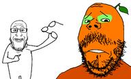 arm froot froot_(user) frown glasses hand holding_object leaf leg mustache orange_skin pointing sad smile soyjak soyjak_party stealing stubble variant:gapejak variant:markiplier_soyjak // 1288x780 // 78.1KB