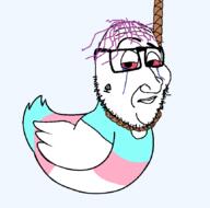 bird bloodshot_eyes crying duck frown glasses hanging purple_hair queen_of_spades rope smile smug soyjak stubble subvariant:smugquack tattoo tranny variant:smugjak // 862x851 // 43.0KB