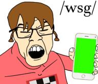 4chan anime arm braids brown_hair closed_eyes clothes female glasses green_screen hair hand holding_object holding_phone iphone madotsuki open_mouth phone soyjak subvariant:female_feraljak teeth text variant:feraljak white_skin wsg_(4chan) yume_nikki // 2148x1848 // 424.4KB