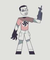 FPEgem angry closed_mouth clothes firearm frown fundamental_paper_education glasses gun hair looking_at_viewer looking_at_you soyjak swastika variant:chudjak weapon // 768x920 // 36.3KB