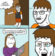 2soyjaks badge brown_hair comic computer concerned crying dan full_body glasses mother namefags room scared smirk soybooru stubble subvariant:annabelle subvariant:gapejak_female subvariant:wholesome_soyjak text text_bubble thought_bubble toss transheart variant:gapejak variant:soyak white_skin // 1644x1672 // 219.7KB