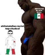 bbc black_bvck black_skin blue_shorts buff clothes concerned glasses hair italian_flag italy mexico pants_down pink_shoes small_penis swastika twp variant:chudjak white_skin // 590x719 // 268.1KB