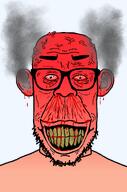 angry bad_teeth beard blood blood_drip blood_from_ears blood_from_eyes blood_from_mouth blood_on_face blood_splatter blood_spray bloodshot_eyes ear eyebrows fume glasses gradient grin lips looking_at_you open_mouth rage red red_skin rotten_teeth seething smoke stubble subvariant:chudplier subvariant:redrawn_chudplier subvariant:redrawn_plier teeth teeth_showing transparent transparent_background variant:chudjak variant:markiplier_soyjak vein wrinkles yellow_teeth // 900x1364 // 584.3KB