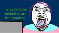 2soyjaks beard blood chud closed_mouth clothes glasses greentext gun hair open_mouth smile soyjak stubble tankette text tranny variant:bernd variant:chudjak video white_skin // 1280x720, 14.3s // 1.8MB