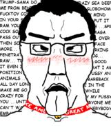 ahegao blush collar cross_eyed donald_trump glasses hair maga open_mouth soyjak subvariant:chuddy text tongue variant:chudjak // 490x586 // 137.9KB
