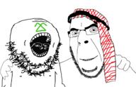 2soyjaks arab chood choodism closed_mouth clothes earless faceless friendship glasses hand hat headless islam keffiyeh no_more_brother_wars open_mouth schizo smile soyjak stubble subvariant:wholesome_soyjak thrembo turban variant:cobson variant:gapejak // 2160x1400 // 481.4KB
