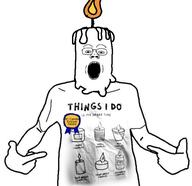 award badge blue candle clothes fire flame front_facing glasses hand open_mouth pointing rosette subvariant:gapejak_front torso tshirt variant:shirtjak yellow // 576x559 // 68.6KB