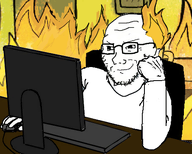 arm computer fire full_body glasses hand smug soyjak staring stubble subvariant:soyak_(smug) this_is_fine variant:soyak // 452x363 // 123.4KB