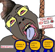 admin admin_6 aids award bloodshot_eyes boot boot_(user) brown_skin clitty clitty_leakage crying dark_skin faggot fun glasses grey_skin hanging leaking meta:tagme noose open_mouth pozzed rope soyjak stubble suicide test text variant:bernd // 768x730 // 105.4KB