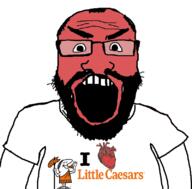 arm beard clothes food glasses hair i_love little_caesars logo open_mouth pizza red_skin soyjak subvariant:science_lover text tshirt variant:markiplier_soyjak // 800x789 // 158.1KB
