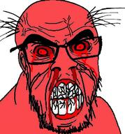 angry blood bloodshot_eyes clothes cracked_teeth ear glasses hat nosebleed red_eyes red_skin soyjak stubble subvariant:feralrage variant:feraljak // 670x719 // 629.4KB