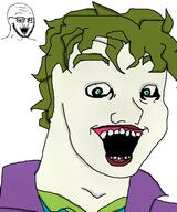 batman_(series) clothes crazed dc_comics glasses green_hair joker_(dc) open_mouth soy_parody soyjak stubble subvariant:soyak_(crazed) variant:soyak white_skin // 495x594 // 130.9KB