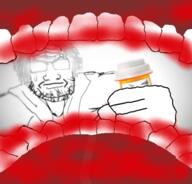 bottle closed_mouth doctor glasses glowing_glasses grey_hair hand holding_object meds pov soyjak stubble subvariant:dr_soystein sweating tooth variant:markiplier_soyjak // 561x537 // 439.4KB