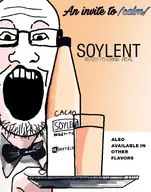 bowtie calm cup drink eyebrows forehead_lines glasses holding_object looking_at_you nose open_mouth plate propaganda propaganda_poster shadow soy soyjak soylent soylent_(cacao) stubble variant:markiplier_soyjak // 720x917 // 250.6KB