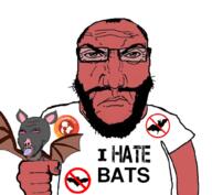 2soyjaks animal animal_abuse bat bloodshot_eyes closed_mouth clothes crying fist glasses holding_object i_hate open_mouth rabies red_eyes red_skin subvariant:science_lover tongue tshirt variant:gapejak variant:markiplier_soyjak variant:soyak wing // 1017x935 // 546.4KB