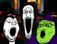 3soyjaks blood clothes dracula glasses green green_skin halloween hat irl_background large_nose open_mouth reaper soyjak stretched_mouth stubble trend:soyjak_trio vampire variant:gapejak variant:markiplier_soyjak variant:tony_soprano_soyjak witch // 1596x1232 // 588.5KB
