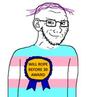 award chud closed_mouth ear hair male purple_hair rope rope_award smile smug soy soyjak stubble text tranny trans trans_rights transheart troon variant:soyak // 1200x1200 // 194.0KB