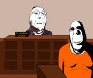 2soyjaks angry arm biting_lip clothes court creepy distorted drawn_background evil fat glasses hammer hat judaism judge kippah large_nose ominous prisoner rape robe shadow smile soyjak stubble subvariant:hornyson variant:cobson variant:gapejak // 1247x1051 // 257.8KB