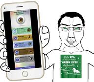 arm closed_mouth clothes glasses green_eyes hair hand holding_object holding_phone iphone phone smile smug soyjak subvariant:chudjak_front tshirt variant:chudjak // 886x774 // 424.8KB