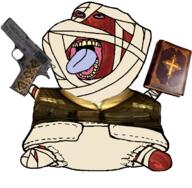 ack bible bloodshot_eyes book christianity cross fallout fallout_new_vegas full_body gun holding_book holding_gun holding_object holding_pistol joshua_graham m1911 mouthwashing mouthwashing_(game) open_mouth pistol soyjak subvariant:pissbaby teeth tongue variant:impish_soyak_ears yellow_teeth // 1480x1452 // 996.8KB