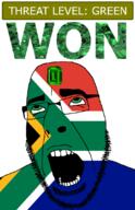 ahegao emerald flag:south_africa gem glasses green green_eyes hair looking_up open_mouth schlog_color_event south_africa soyjak soyjak_blog stubble teeth text threat_level_green variant:cobson won // 721x1115 // 165.4KB