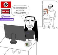 3soyjaks angry balding brown_hair closed_mouth clothes computer ear frog frown glasses hair mug nazism old pepe skirt soyjak speech_bubble subvariant:wholesome_soyjak swastika tshirt twitch variant:chudjak variant:gapejak // 2250x2144 // 453.8KB