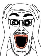 eyebrows eyes forehead_lines glasses hand lips mustache nose oh_my_god_she_is_so_attractive open_mouth soyjak stubble teeth variant:cutejak // 437x599 // 34.9KB