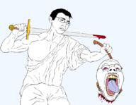 ack beheaded blood bloodshot_eyes buff classical_art_parody clothes crying david_and_goliath eyes glasses gore hair head looking_down neck robe rope subvariant:muscular_chud sword teeth template tongue tongue_out transparent_background variant:chudjak variant:isaac weapon yellow_teeth // 2048x1588 // 103.5KB