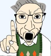 beard big_nose eyebrows finger glasses grey_hair hair old open_mouth pointing soyjak sweater teeth the_new_norm variant:actuallyjak // 2500x2736 // 248.3KB
