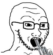 firearm glasses gun holding_gun holding_object holding_pistol pistol revolver soyjak stubble suicide variant:soyak weapon // 700x740 // 65.0KB