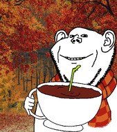 1soyjaks autumn bald beard body cup ear grin holding_cup holding_object irl_background liquid scarf smile stubble subvariant:impdrink teeth variant:impish_soyak_ears // 1000x1137 // 1.3MB