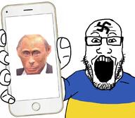 clothes country facial_mark flag forehead_mark glasses holding_object holding_phone iphone monkey_putin nazism open_mouth russo_ukrainian_war soyjak stubble subvariant:phoneplier subvariant:phoneplier_vertical swastika tshirt ukraine variant:markiplier_soyjak vladimir_putin // 1080x942 // 544.9KB