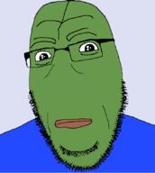 blue_shirt closed_mouth clothes frog glasses green_skin lips neutral no_eyebrows no_nose oh_my_god_she_is_so_attractive pepe soyjak stubble variant:cobson // 760x850 // 54.3KB