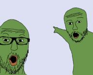 2soyjaks frog glasses green green_skin open_mouth pepe pointing soyjak stubble variant:two_pointing_soyjaks // 680x552 // 14.3KB