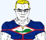 arm blue_eyes buff closed_mouth clothes country flag flag:sint_eustatius glasses hair netherlands sint_eustatius soyjak star_(symbol) subvariant:chudjak_front subvariant:muscular_chud transparent transparent_background tshirt variant:chudjak vein yellow_hair // 1059x929 // 76.7KB