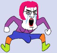 arm bloodshot_eyes clothes crying double_chin full_body hand leg open_mouth soyjak tranny variant:chudjak // 796x743 // 48.6KB