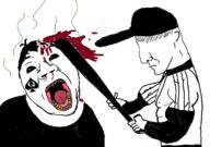 2soyjaks arm baseball baseball_bat baseball_cap blood buff clothes crying ear gore hair hand hat holding_baseball_bat holding_object muscles nosebleed off_(video_game) omori open_mouth queen_of_spades rotten_teeth side_profile soyjak spade sunny_(omori) the_batter_(off) variant:bernd variant:chudjak video_game // 1238x872 // 274.1KB