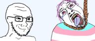 ack animated blood bloodshot_eyes crying ext=gif flag:transgender_pride_flag glasses gun gunshot_wound hand pistol rope smug soyjak stubble subvariant:soyak_(smug) tongue tranny transparent_background variant:bernd variant:soyak // 1826x800 // 812.5KB