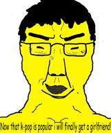 asian glasses hair korea kpop small_eyes smile smug soyjak subvariant:chuddy text variant:chudjak yellow_skin // 750x892 // 156.2KB