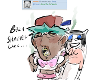 anime blue_eyes body_pillow brown_skin clothes drawing english_text fnf_pedo glasses hat open_mouth shitskin soytan_lovers_will_burn_in_hell stinky subvariant:chudplier text variant:chudjak variant:markiplier_soyjak variant:soytan yellow_sclera // 649x544 // 224.7KB