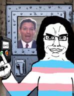 artist:curtsibling closed_mouth finger flag gas gas_chamber glasses hair hand long_hair politics ron_desantis smile smug subvariant:chudjak_front text tranny variant:chudjak // 695x900 // 597.6KB